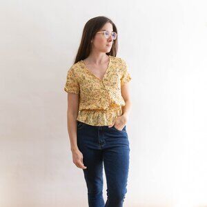 Floral Print Yellow Peplum Top Sienna Sky